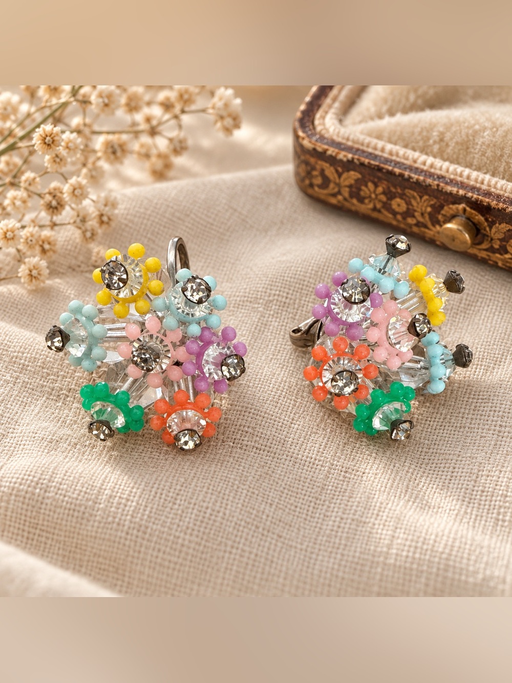 Vintage Colorful Floral Rhinestone Cluster Clip-On Earrings